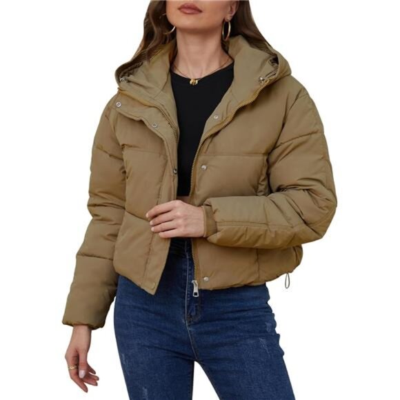 Womens Cropped Puffer Jacket Hooded Zip Up Brown - Picture 1 of 6